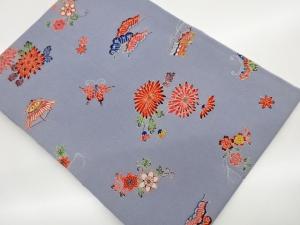 未使用品　型染縮緬地菊に松・蝶・家屋模様名古屋帯